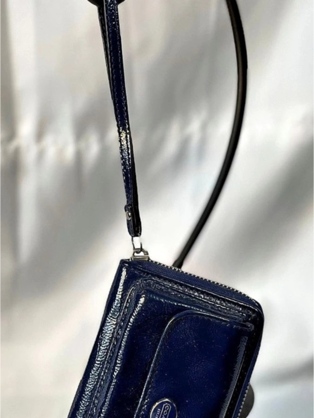 Coach Crinkle Patent Leather Zip Around Wristlet Wallet in Blue